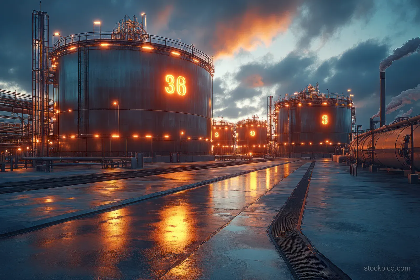 Illuminated LNG storage tanks and pipelines at an energy plant with orange numbers reflected on wet ground.