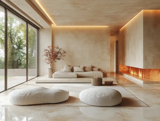 Minimalist living room interior with panoramic windows, warm cove lighting, and low floor cushions arranged on a rug.
