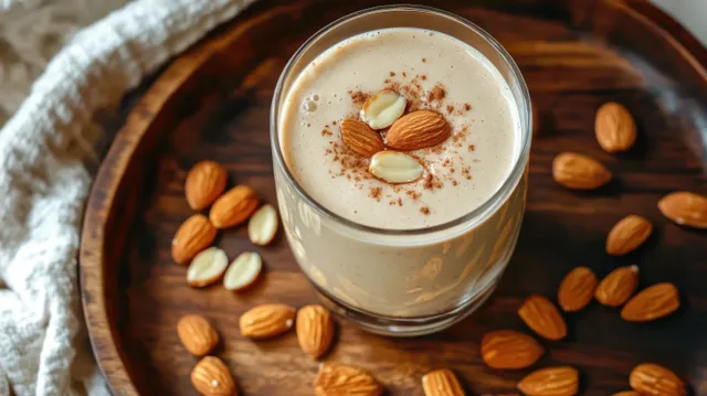 Creamy almond smoothie in a glass topped with almonds and cinnamon dust, surrounded by scattered nuts on a wooden tray.