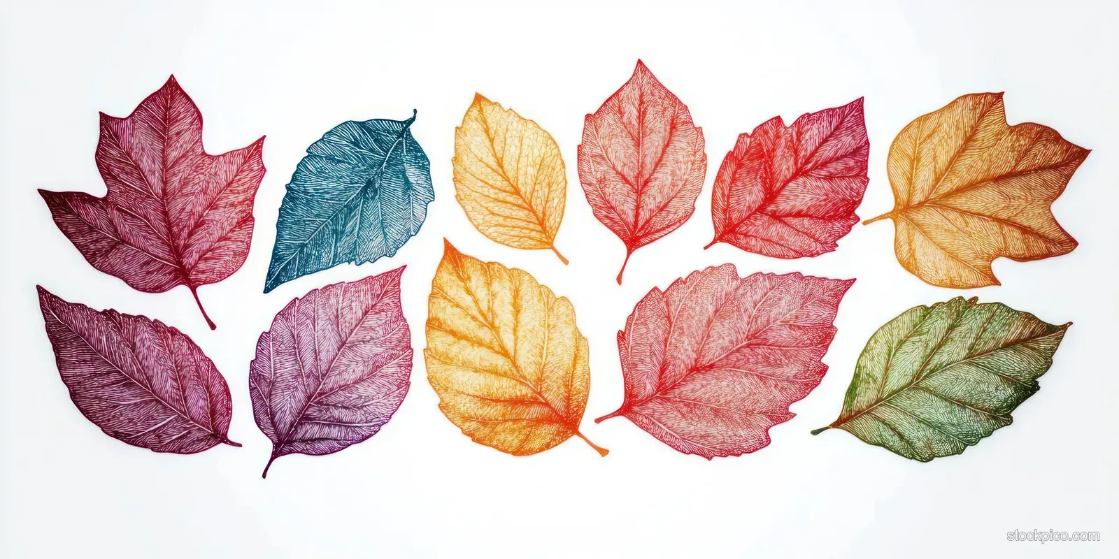 Multicolored autumn leaves with visible vein details arranged on a white background.