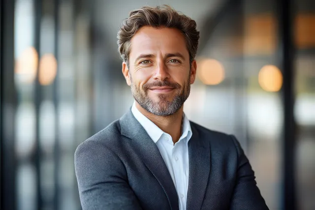 Confident senior executive smiling in a modern office with softly blurred city-like background