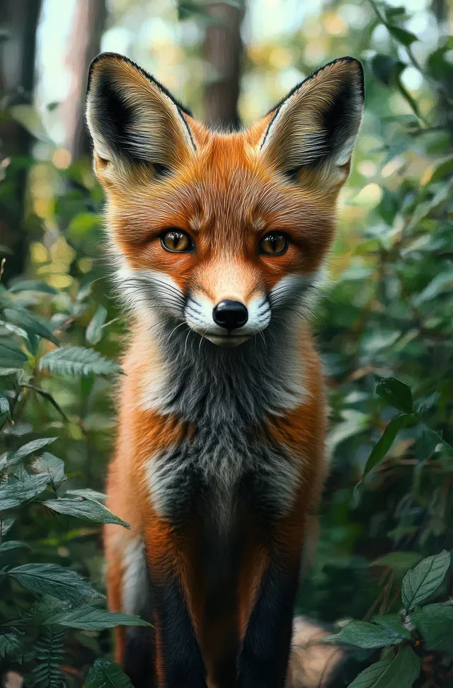 A red fox stands among green forest foliage, looking directly ahead.