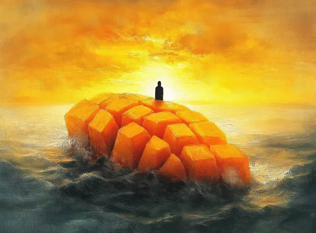 A lone silhouette stands on floating orange blocks in dark ocean water under a glowing sunset sky.