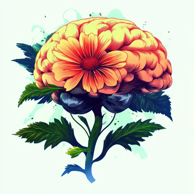 Surreal flower-shaped brain blooms on a stem with leafy foliage and soft pastel background splashes.