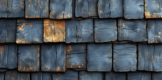 Weathered blue gray roof shingles appear in overlapping staggered rows with small nail heads and surface wear.