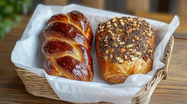 Braided pastry and seeded bread sit in a wicker basket on a wooden table.