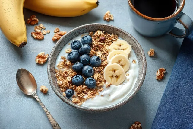 Granola yogurt bowl with blueberries and banana slices, walnuts scattered, and a blue cup of black coffee on a grey surface.
