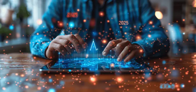 Businessman drafting 2025 goals with glowing tech charts and financial graphs at desk