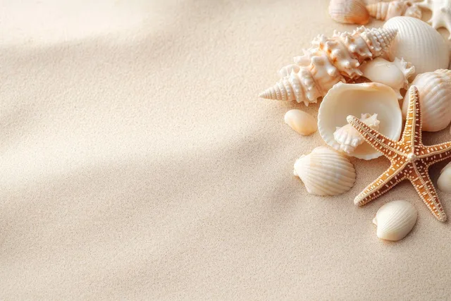 Sandy beach with white seashells and a starfish, top view coastal texture