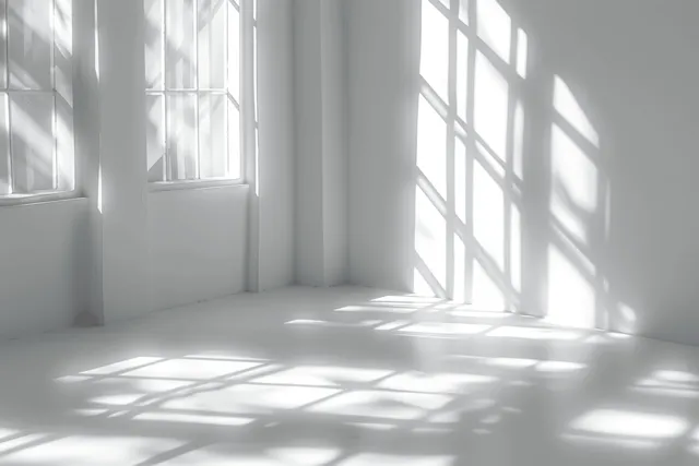 Sunlight streams through window panes, casting abstract striped shadows on a blank white interior wall.