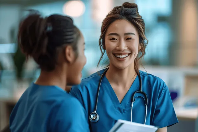 A smiling nurse in blue scrubs talks with a coworker in a hospital corridor with soft lights in the background.