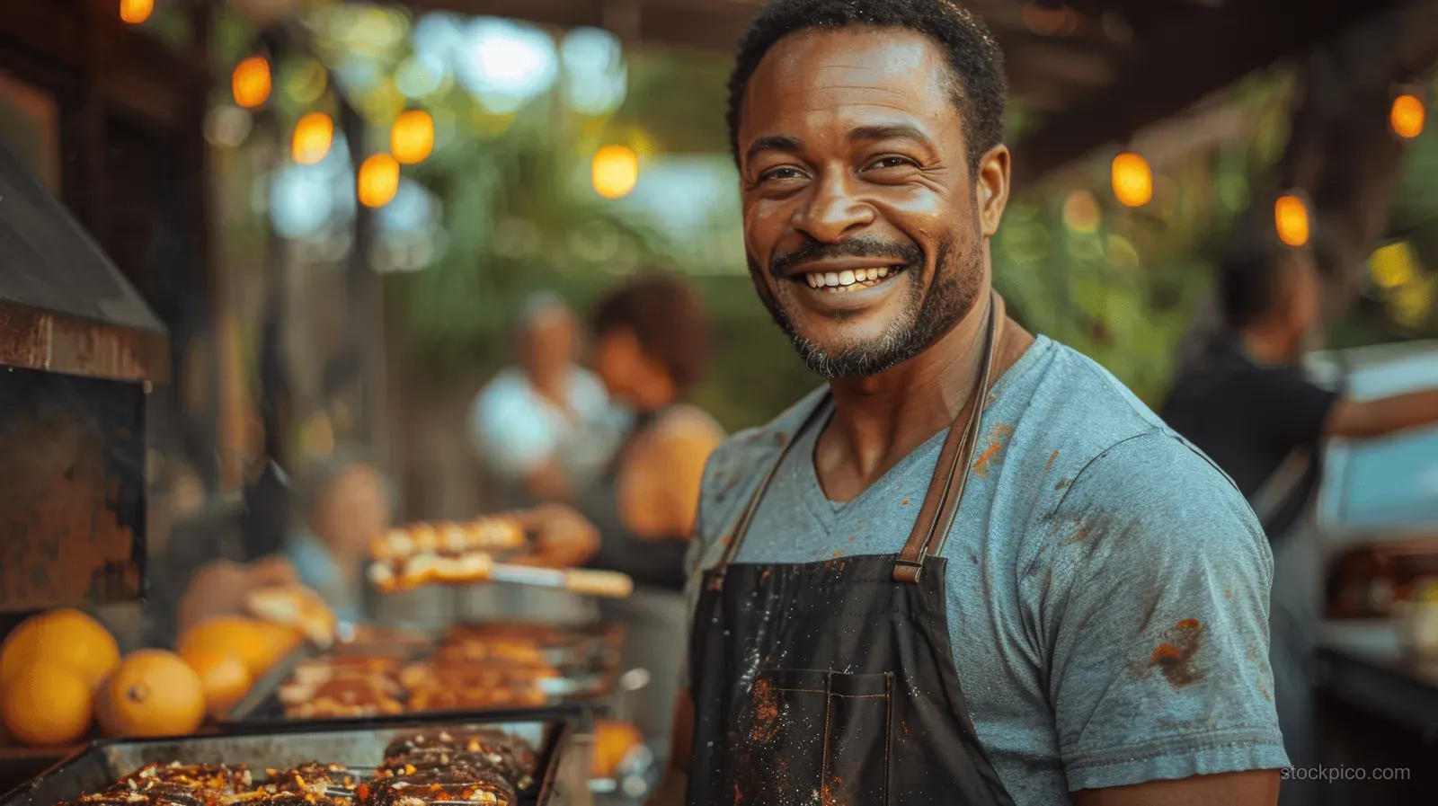 A barbecue cook in an apron grills meat at an outdoor table where family and friends chat and enjoy pizza.