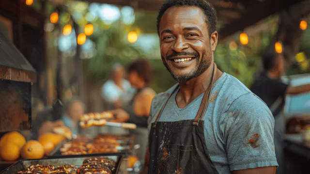 A barbecue cook in an apron grills meat at an outdoor table where family and friends chat and enjoy pizza.