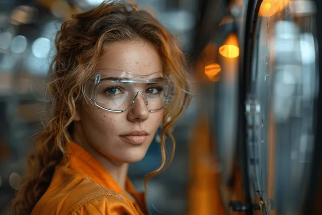 Safety-gloved female factory worker checks control panel beside robotic machinery in car assembly line