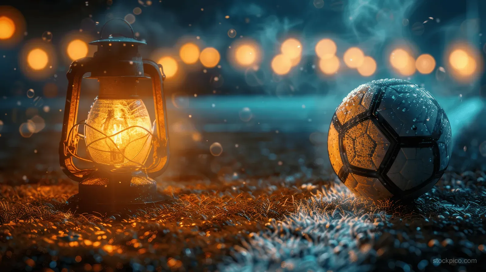 A soccer ball lies on grass at night with glowing lantern lights and stadium spotlights in the background.