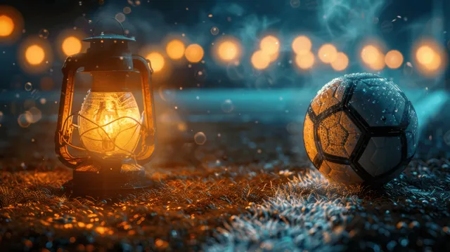 Uma bola de futebol está na grama à noite com luzes brilhantes de lanternas e refletores do estádio ao fundo.