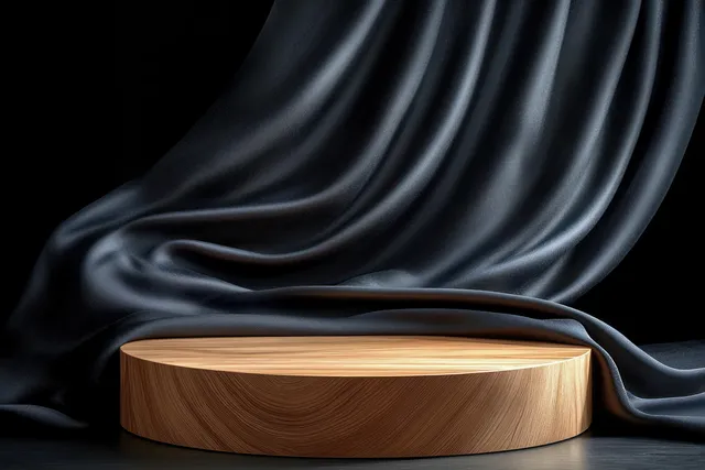 A wooden circular pedestal is framed by flowing black silk fabric on a dark studio floor with soft spotlight glow.
