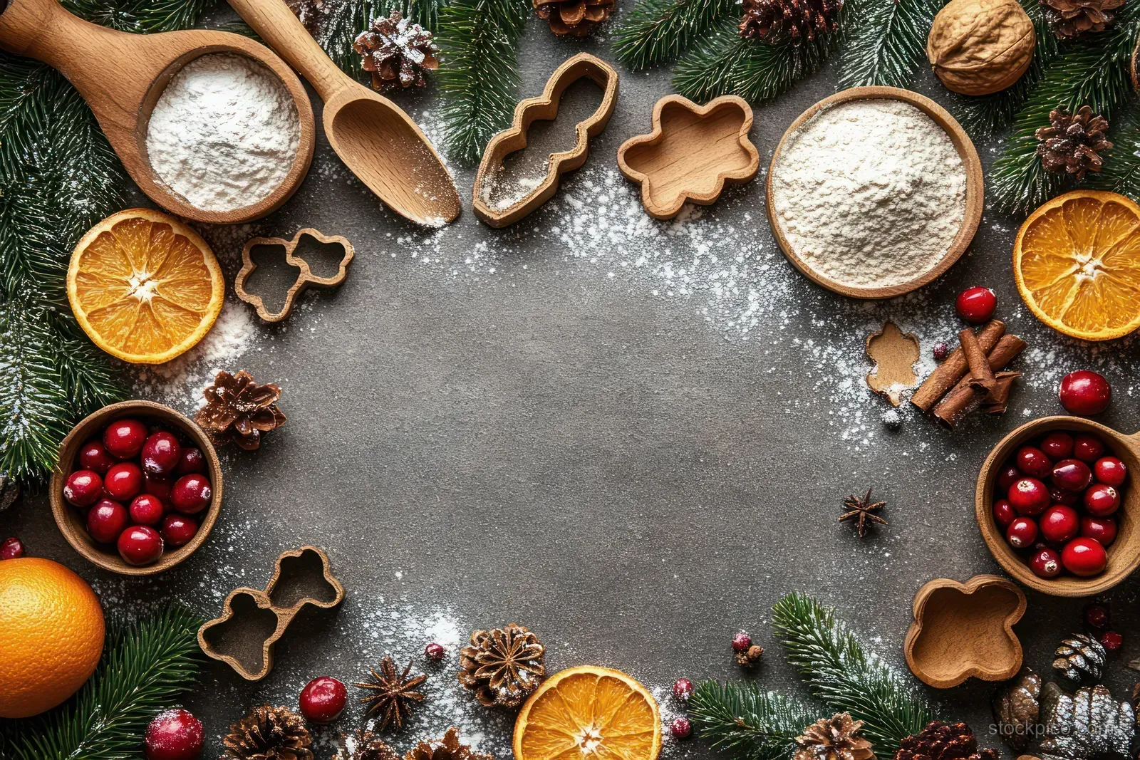 Circular arrangement of flour bowls, spices, cranberries, pine cones, and dried orange slices with evergreen leaves around them.