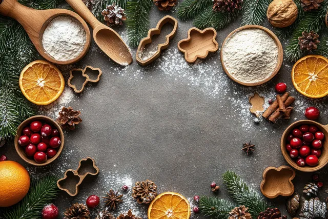 Circular arrangement of flour bowls, spices, cranberries, pine cones, and dried orange slices with evergreen leaves around them.