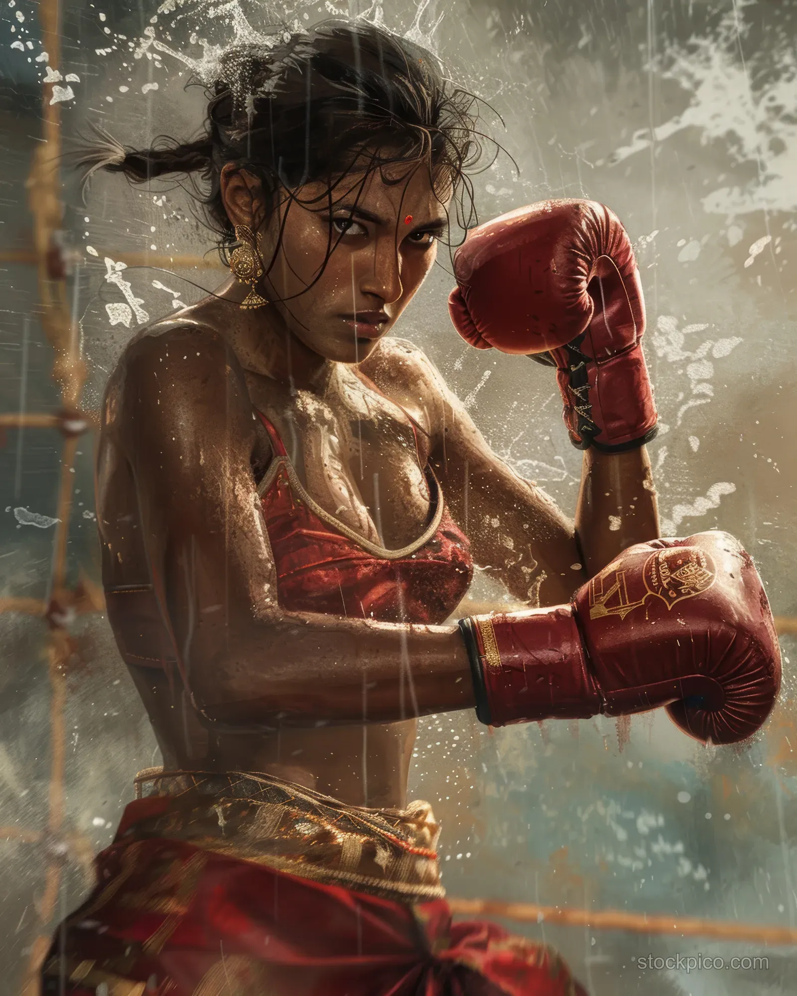 An Indian woman boxer throws a punch in a dusty training gym with red gloves under dramatic light.