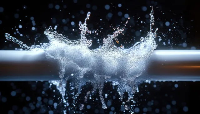 Water pipe burst splashing through a metal pipe in a dark emergency scene