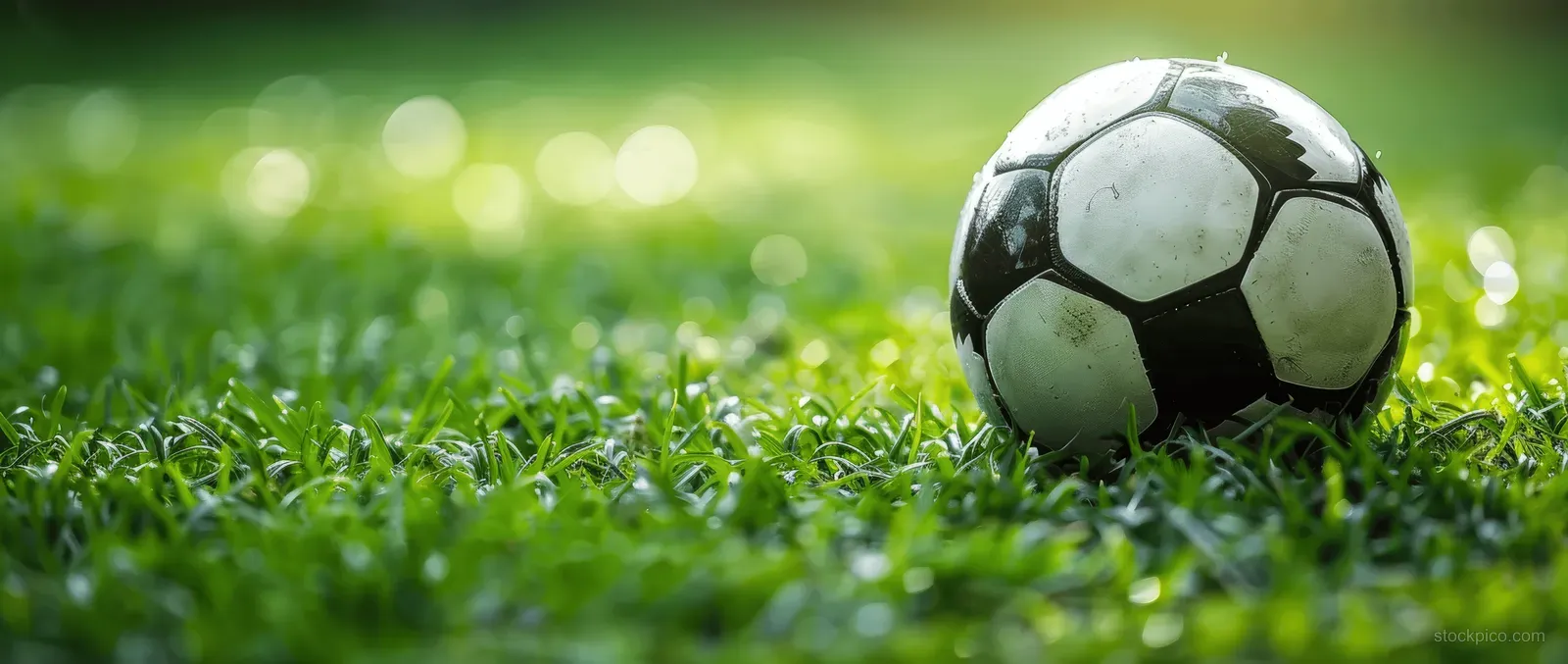 A black and white soccer ball rests on green grass with blurred stadium lights behind it.