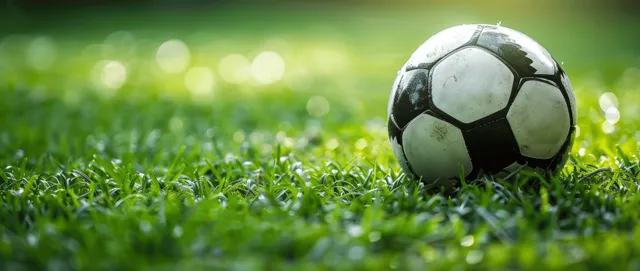 A black and white soccer ball rests on green grass with blurred stadium lights behind it.