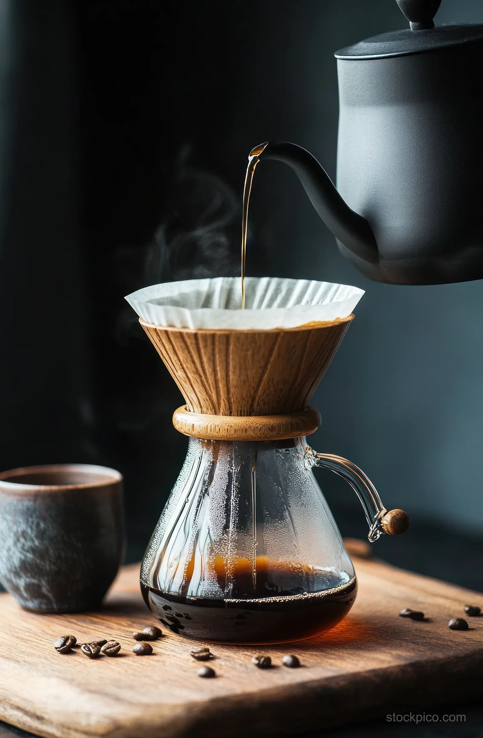 Hot coffee pours from a black kettle into a wooden coffee dripper above a glass carafe, with steam rising and beans on wood.