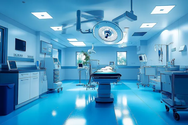 Sterile operating room with surgical table and overhead surgical lights in blue-lit clinical space