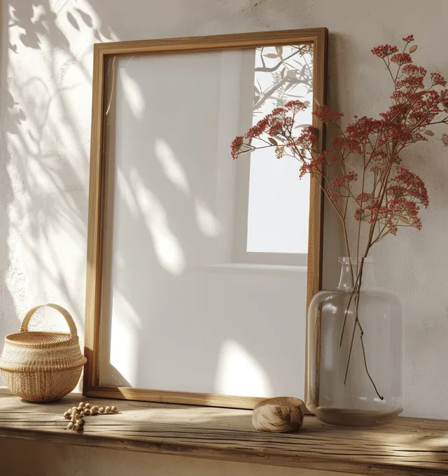 Blank wooden frame on a shelf beside dried flowers in a glass vase and a woven basket.