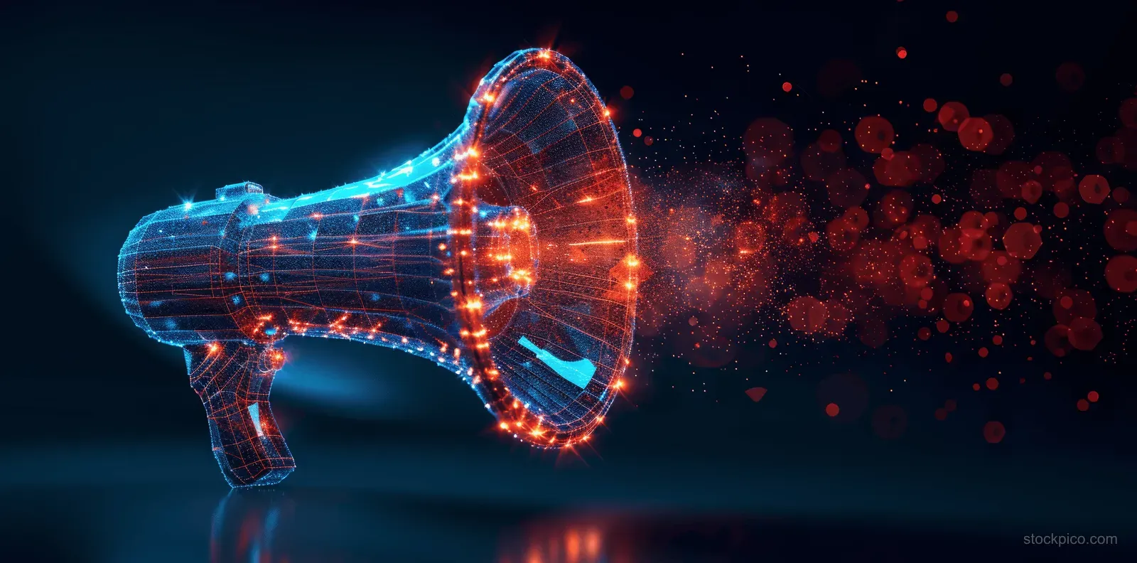 A wireframe digital megaphone glows while projecting neon particles across a dark blue tech background.