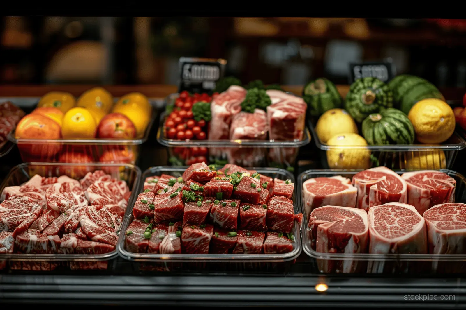 Raw marbled Angus steak cuts in a supermarket meat display case with surrounding fresh produce.