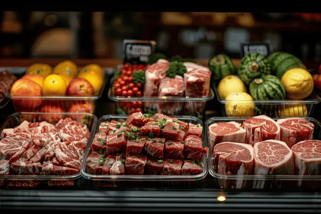 Raw marbled Angus steak cuts in a supermarket meat display case with surrounding fresh produce.