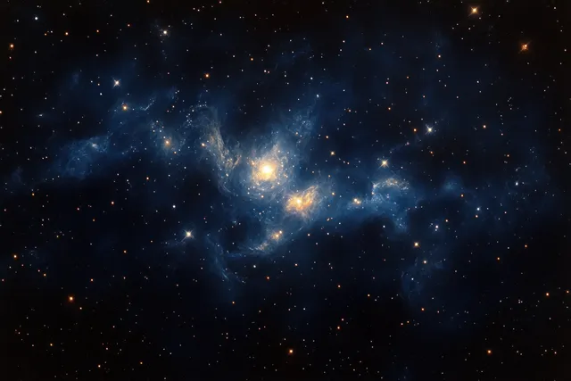 A distant galaxy cluster with blue nebula clouds and scattered stars in dark space.