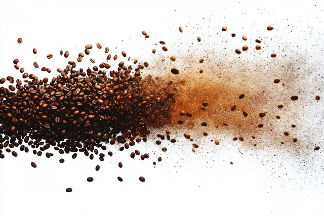Coffee beans explode into scattered fine coffee powder on a white background with visible granular texture.