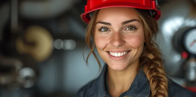 Smiling female plumber in a work uniform fixing a water pipe with workshop tools blurred in the background.