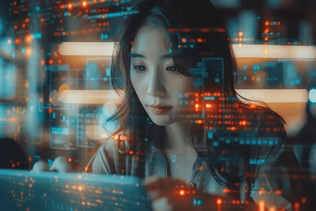 An HR manager reviews a glowing digital recruitment dashboard with layered data screens in the office.