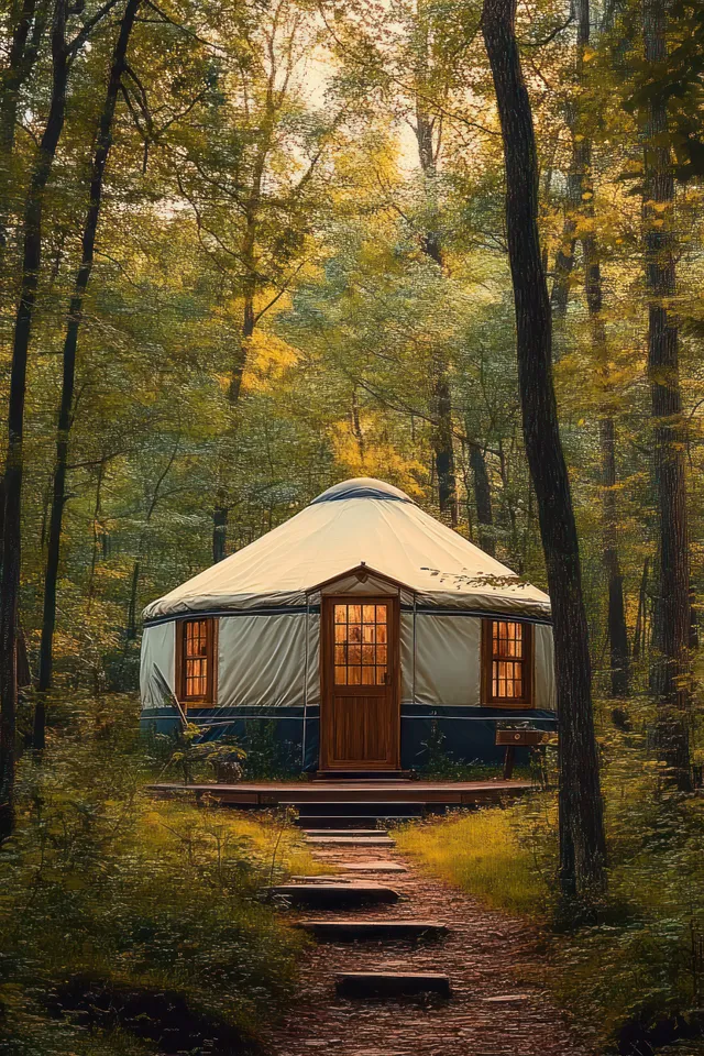 A round yurt cabin glows warmly in an autumn forest as stepping stones lead along a path to the entrance.