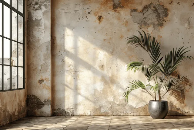 Bright rustic interior with large windows, a textured wall, and a potted palm creating a calm and airy atmosphere.