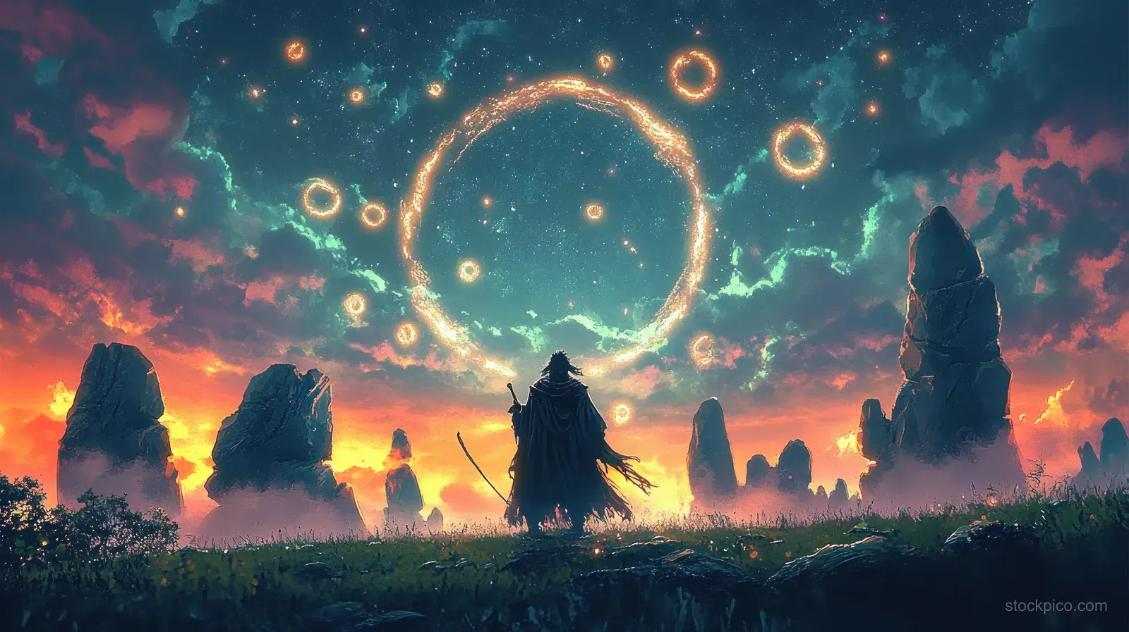 An ancient sorcerer casts glowing spell circles over a twilight field with drifting rocks and ethereal light.