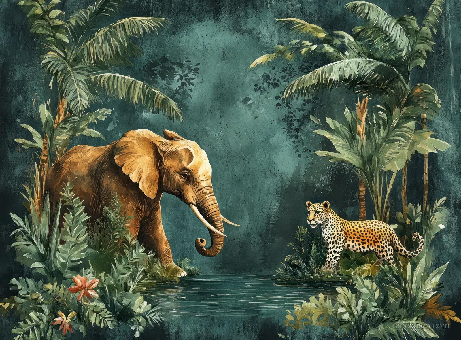 An elephant and leopard stand in a tropical jungle watercolor scene with palms, dense foliage, and soft mist.