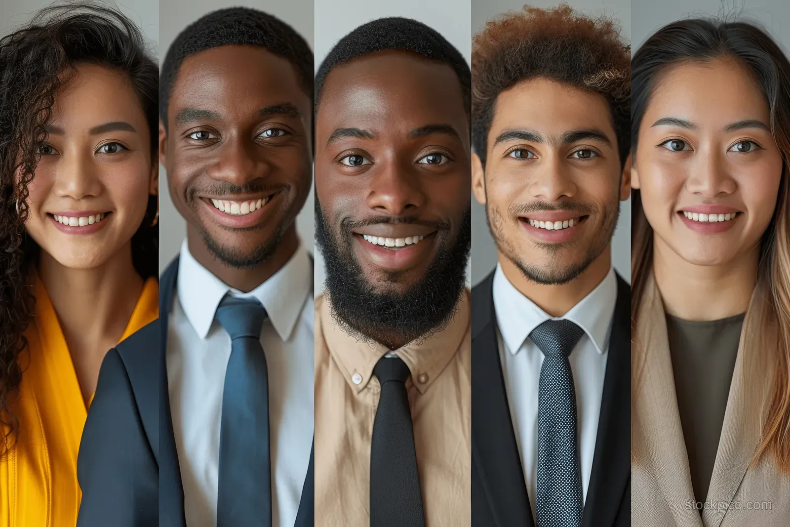 A montage of smiling diverse business people in formal attire posing for headshot portraits.