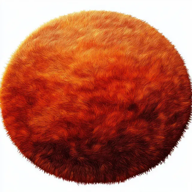 Macro close-up of a round fluffy fur sphere in warm orange and red tones.