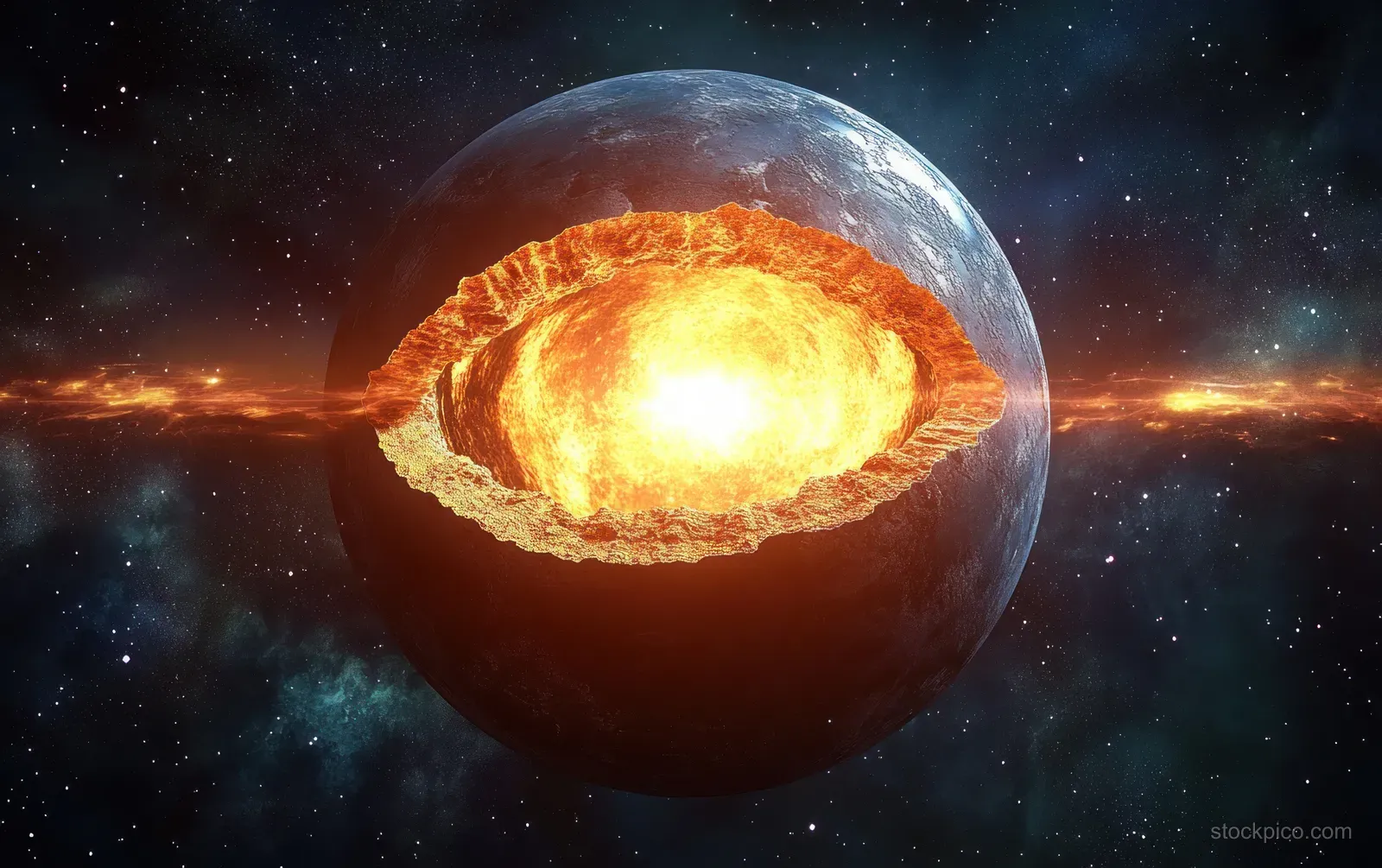 Glowing molten Earth core inside a transparent planet floating in front of a starry cosmic background.