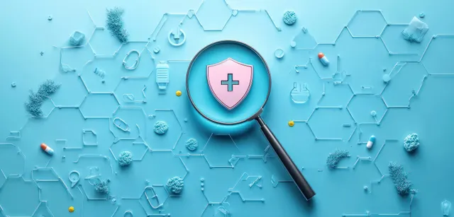 A magnifying glass zooms in on a pink shield with a medical cross over a blue hexagon medical icon background.