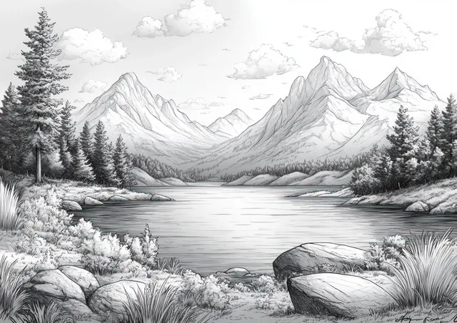 Pen-and-ink black-and-white landscape shows a frozen river valley with pine trees, rocks, mountains, and cloudy sky.