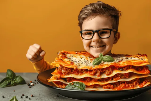 Boy smiling while holding a fork beside a beef lasagna plate on orange backdrop
