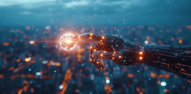 AI robot hand reaching to connect with glowing network nodes across a futuristic city