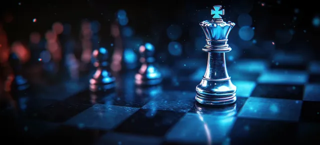 A silver chess king illuminated by blue light stands on a dark chessboard with a blurred crowd behind it.