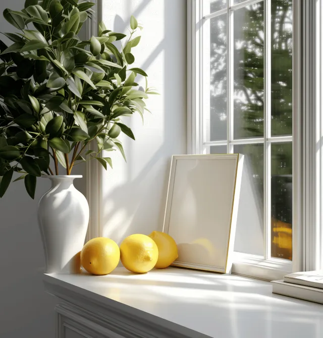 An A4 frame mockup sits on a bright windowsill with lemons, a vase of leaves, and sunlight.